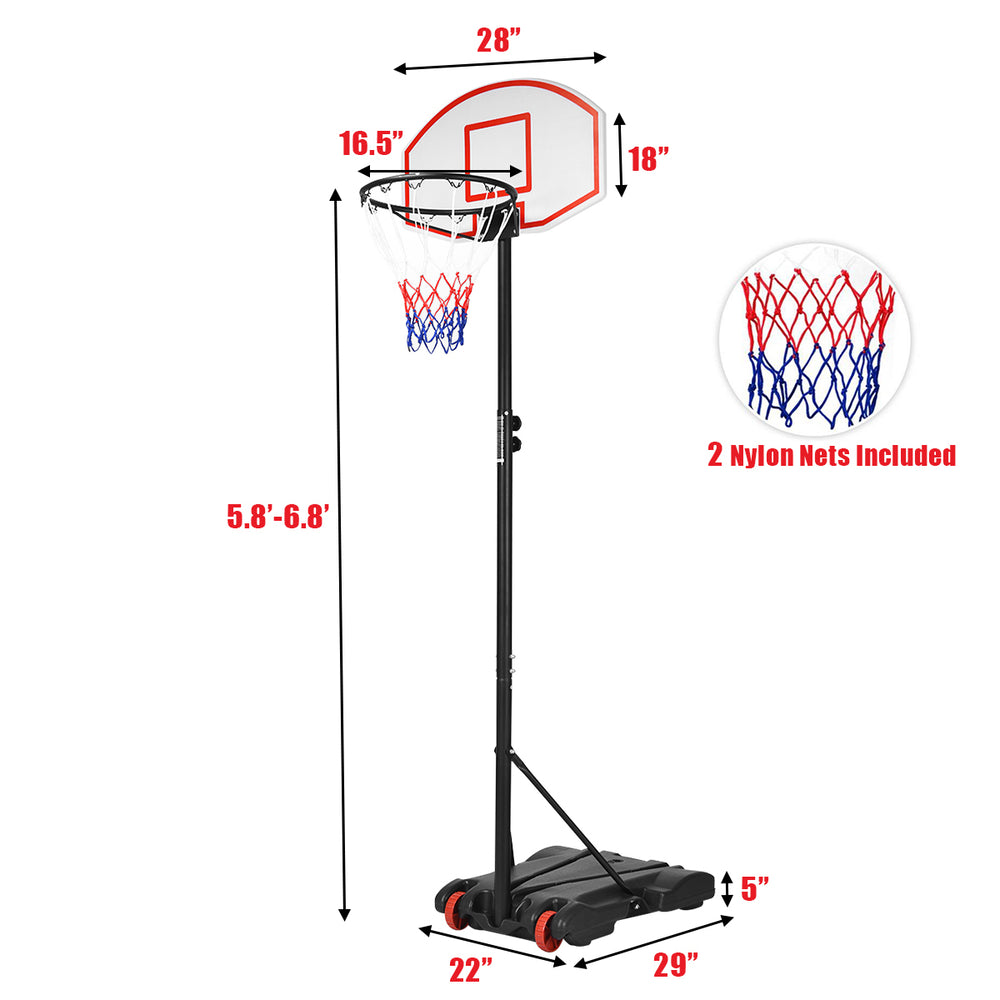 Adjustable basketball hoop system with a durable backboard, height adjustable from 5.8 ft to 6.8 ft, includes two nylon.
