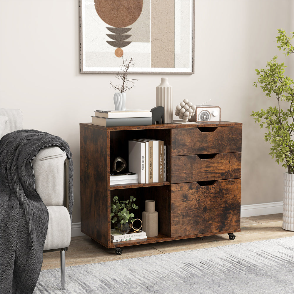 3-Drawer File Cabinet with Adjustable Shelf and Wheels for Letter-Rustic Brown - Gallery View 1 of 10