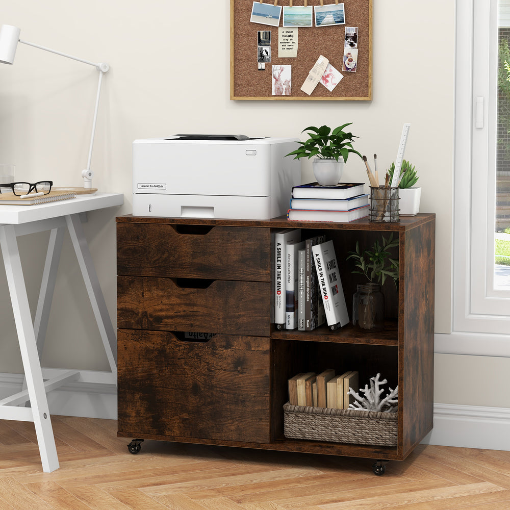 3-drawer file cabinet in rustic brown with adjustable shelf and wheels, ideal for organizing office supplies.