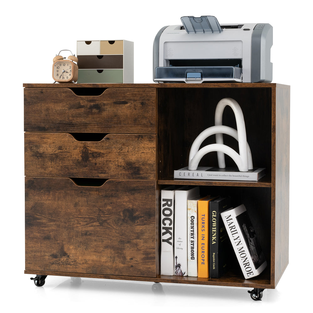 3-drawer file cabinet in rustic brown with adjustable shelf and wheels, ideal for organizing home office supplies.