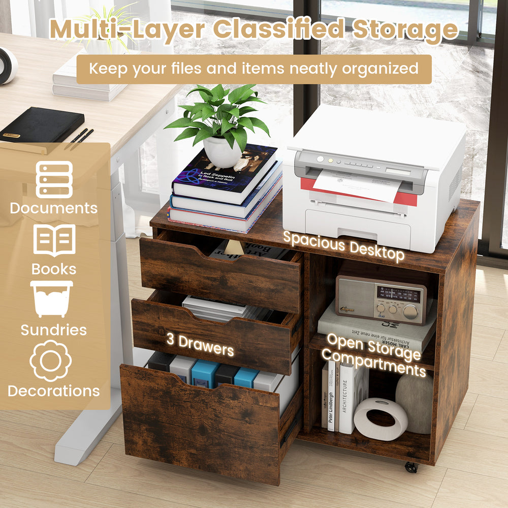 3-drawer file cabinet in rustic brown with adjustable shelf and wheels, ideal for organizing documents and office.