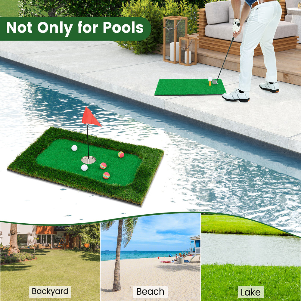 Floating golf green with 6 balls and flag, featuring premium artificial grass for poolside fun and backyard enjoyment.