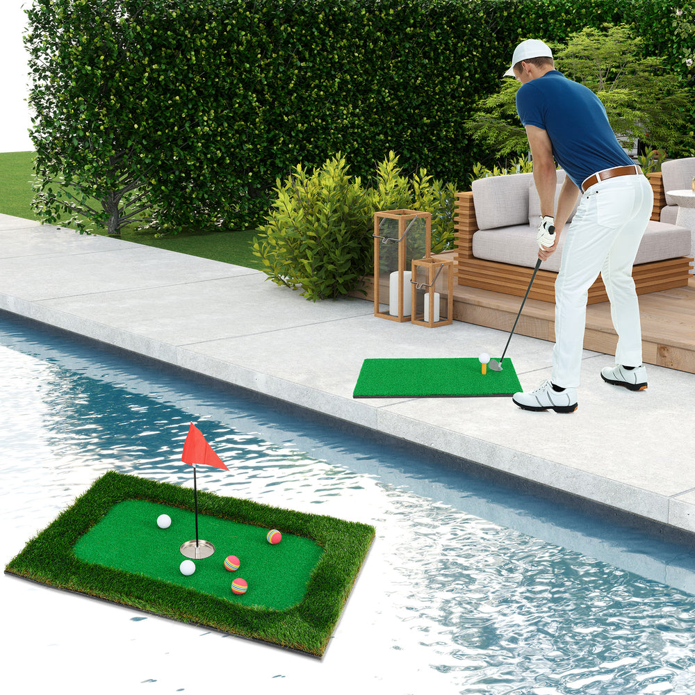 Floating golf green with 6 balls and flag, featuring premium artificial grass for poolside fun and stability.