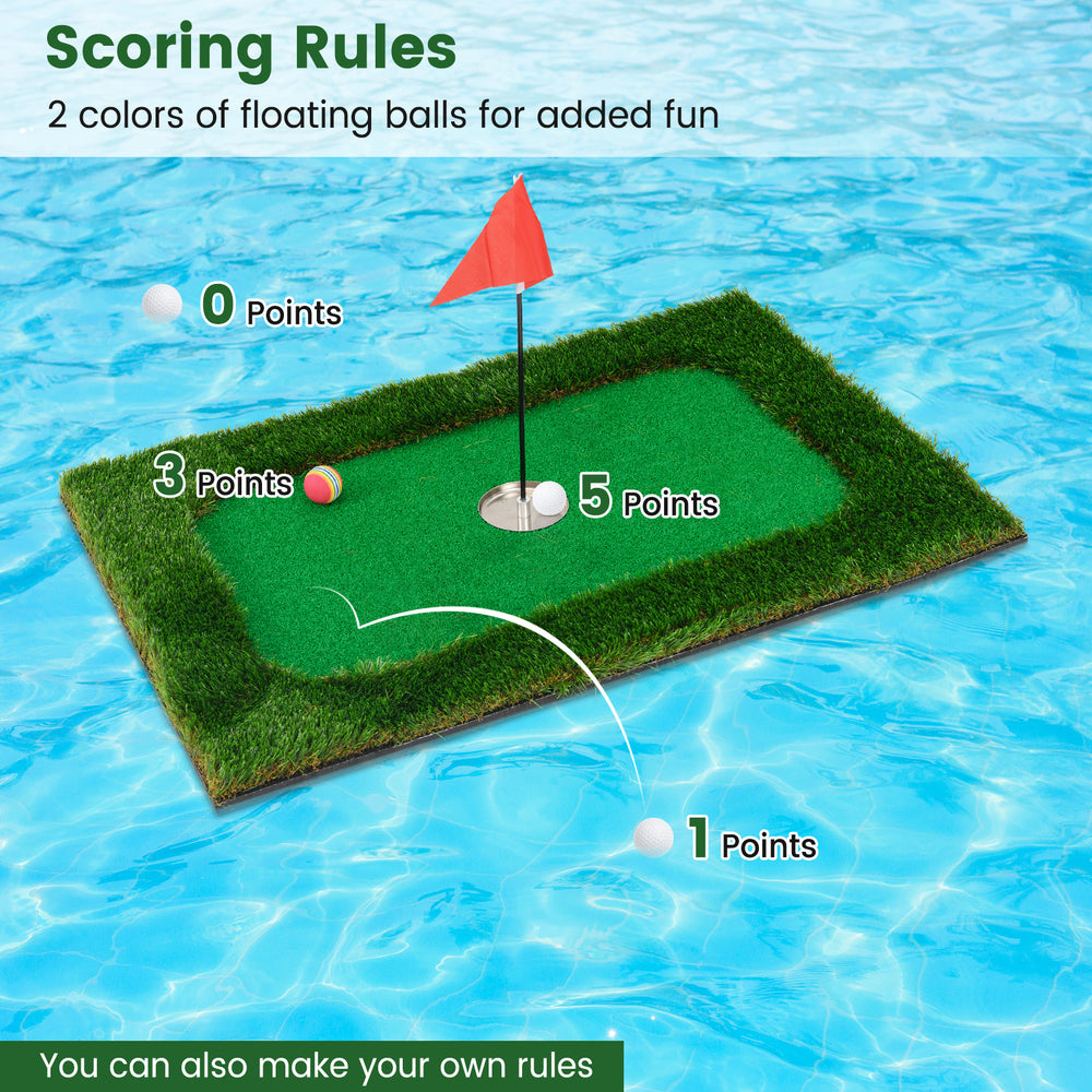 Floating golf green for pool with 6 balls and flag, featuring premium artificial grass for realistic play and stability.