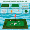 Floating golf green set with hitting mat, 6 golf balls, flag, and cup for poolside fun and practice.