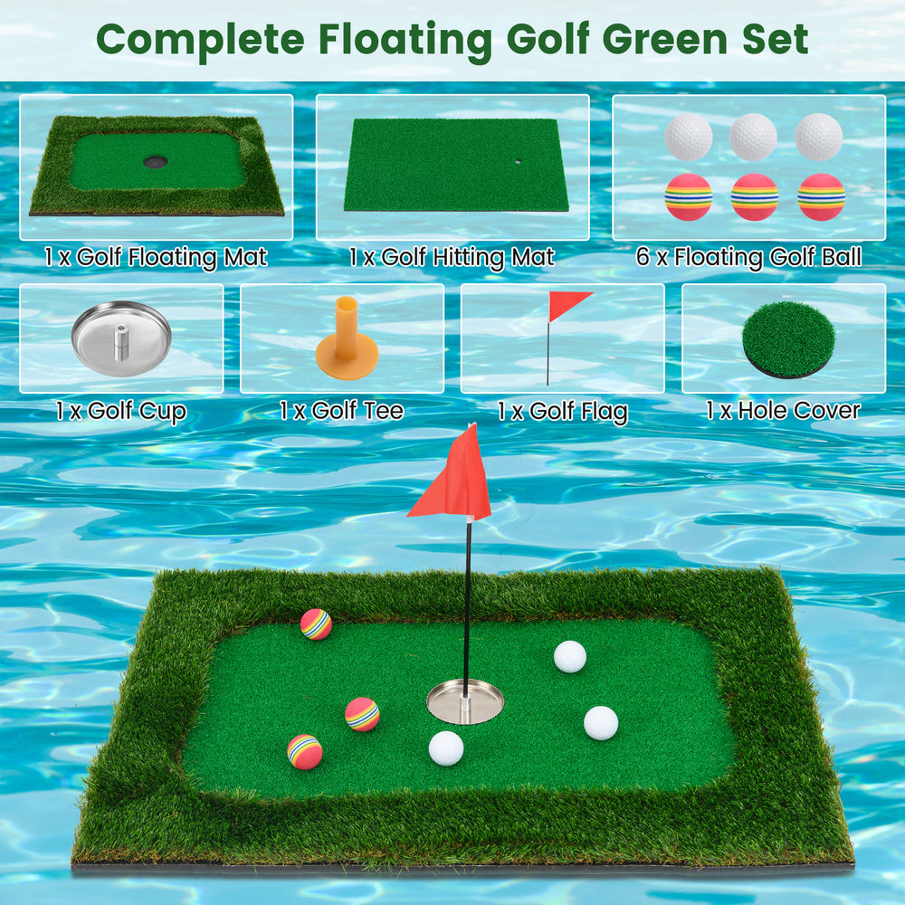 Floating golf green set with hitting mat, 6 golf balls, flag, and cup for poolside fun and practice.