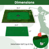 Floating golf green dimensions showing a hitting mat, detachable cup, and flag, ideal for poolside fun and practice.