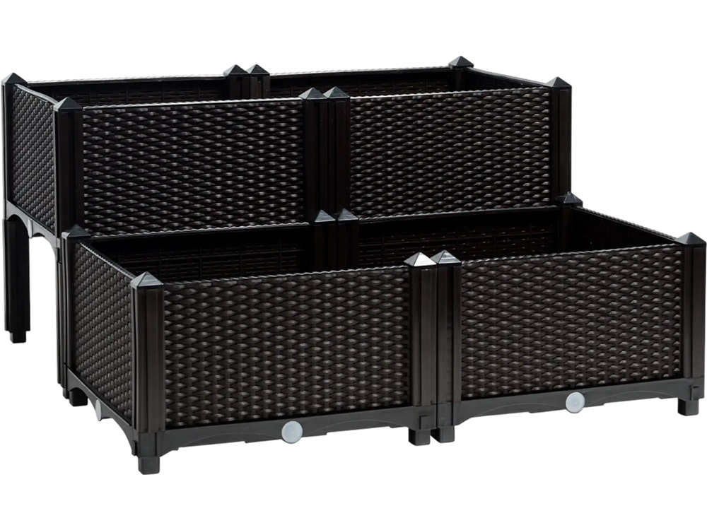 Elevated brown planter box set of 4 made from HDPE, ideal for growing herbs and vegetables in your garden or patio.