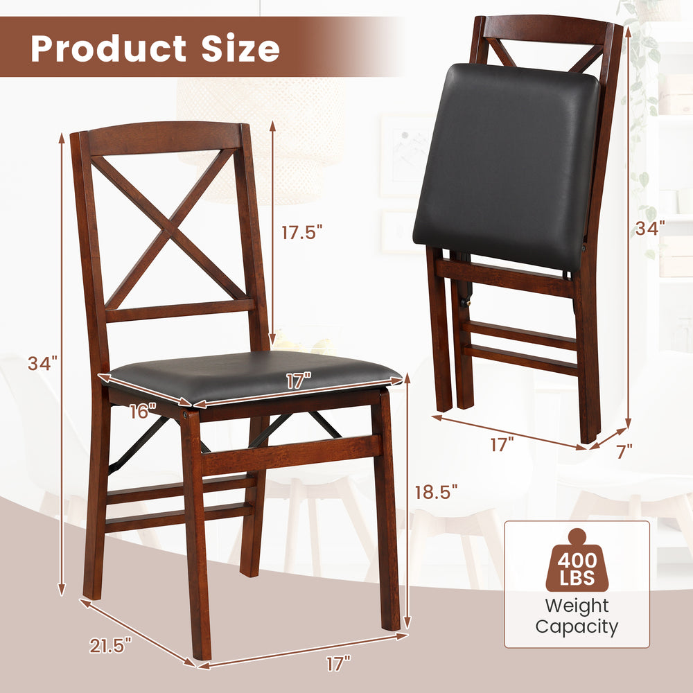 Folding dining chair set with brown rubber wood, soft foam cushion, and 400 lbs capacity, ideal for space-saving.