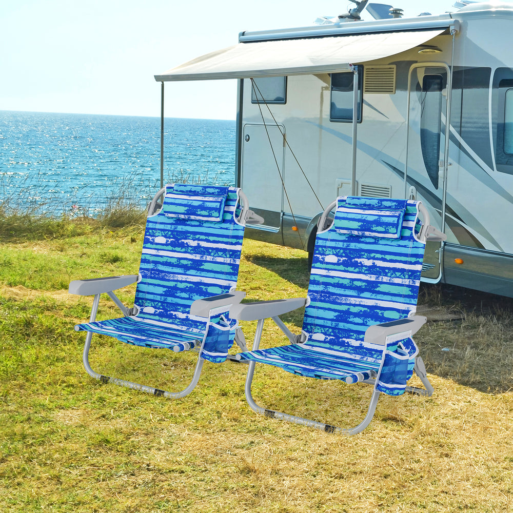 Foldable Backpack Beach Chair with Cup Holder and Storage Pockets Set of 2-Navy - Gallery View 1 of 10