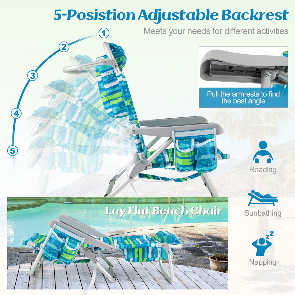 Foldable backpack beach chair set of 2 in green with adjustable backrest, cup holder, and storage pockets for outdoor.