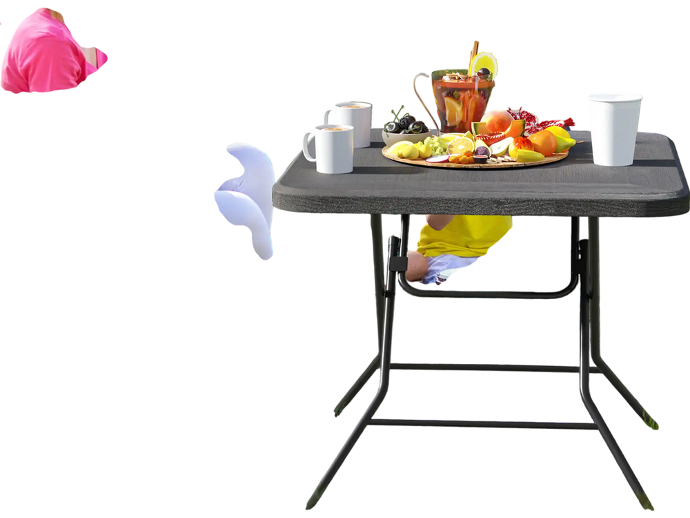 Foldable 2.6FT dining table with wood grain HDPE surface, perfect for camping and picnics, accommodating up to 4 people.