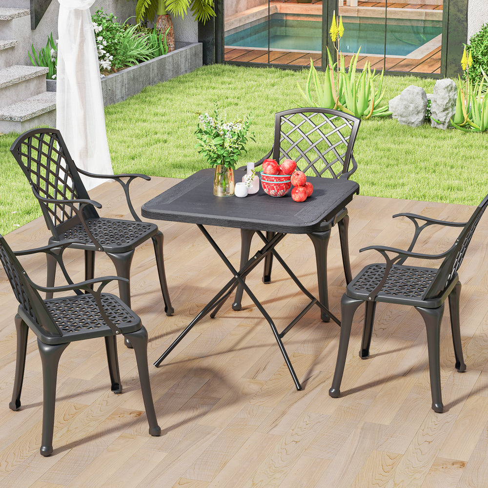 Foldable black dining table with wood grain HDPE surface, accommodating up to 4 people, ideal for outdoor use.