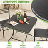 Square black dining table with wood grain HDPE tabletop, suitable for 4 people, ideal for indoor or outdoor use.