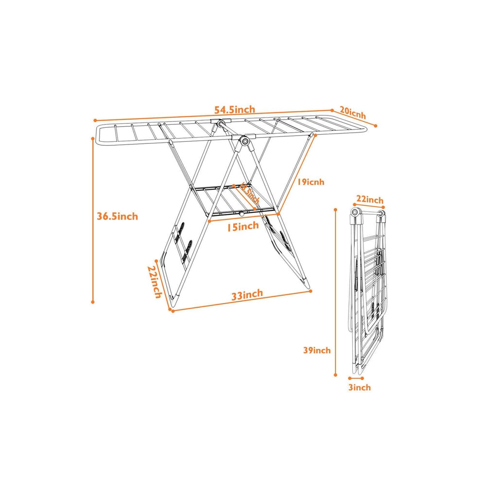 Portable laundry clothes drying rack with adjustable wings, made of rust-proof steel, ideal for space-saving storage.