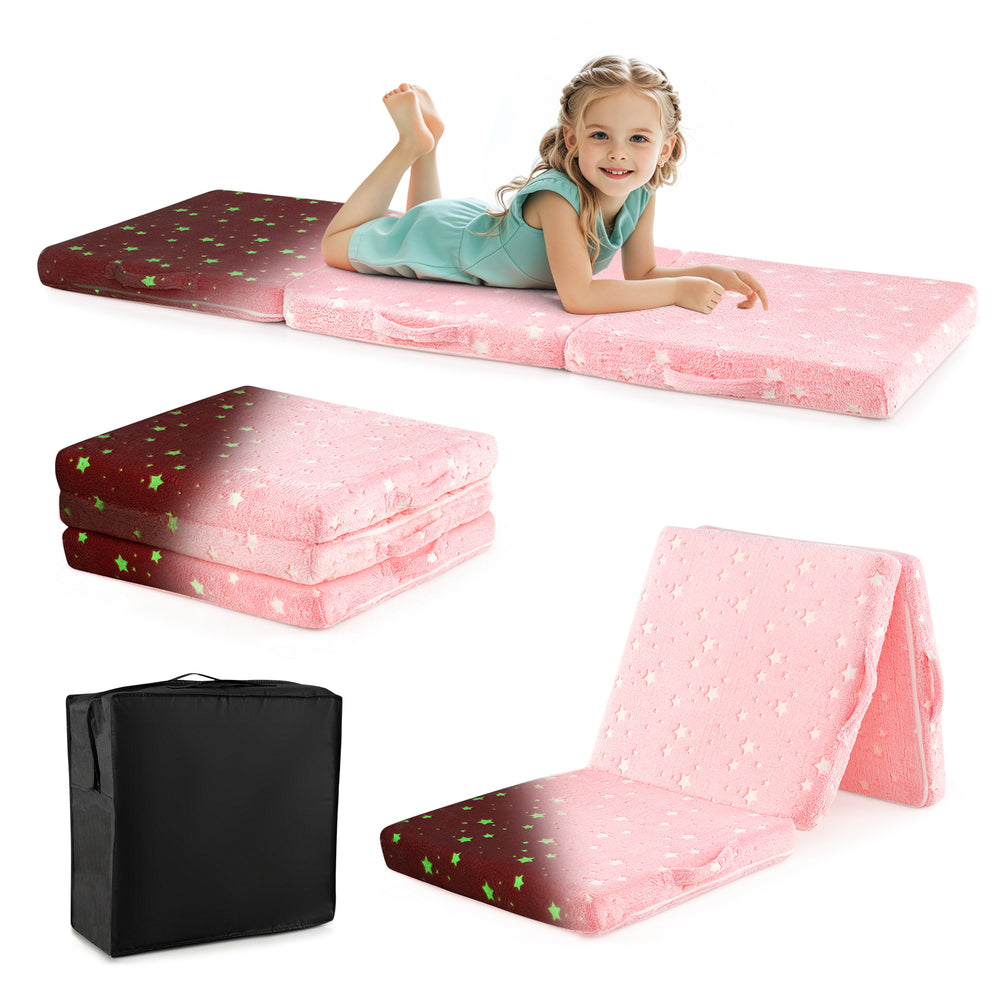 Foldable pink floor mattress for kids with a washable flannel cover, ideal for sleeping, relaxing, or playing.