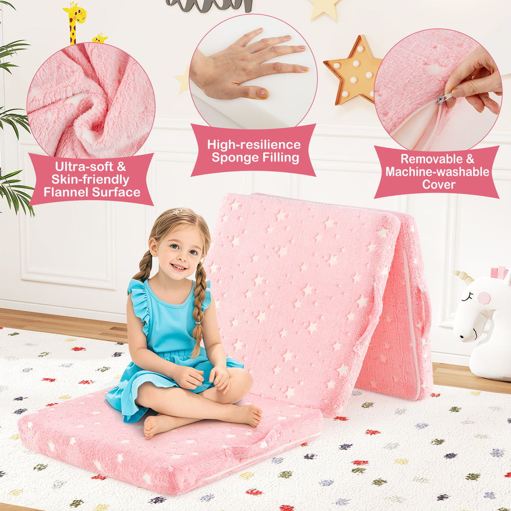 Pink foldable floor mattress for kids featuring a soft flannel cover, perfect for reading or relaxing anywhere in the.