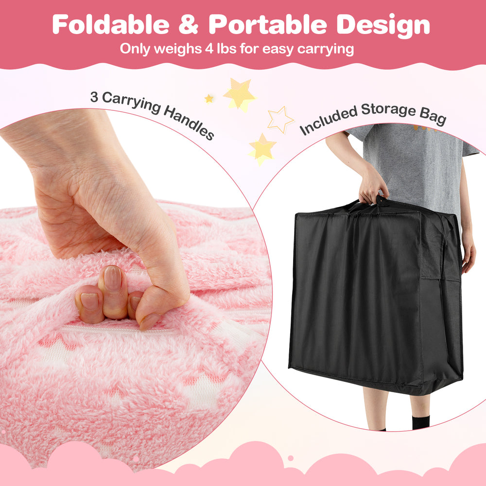 Foldable floor mattress for kids in pink with carrying handles and storage bag, perfect for easy transport and storage.