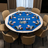 Octagonal blue poker table top for 8 players with cup holders and chip trays, ideal for game rooms and parties.