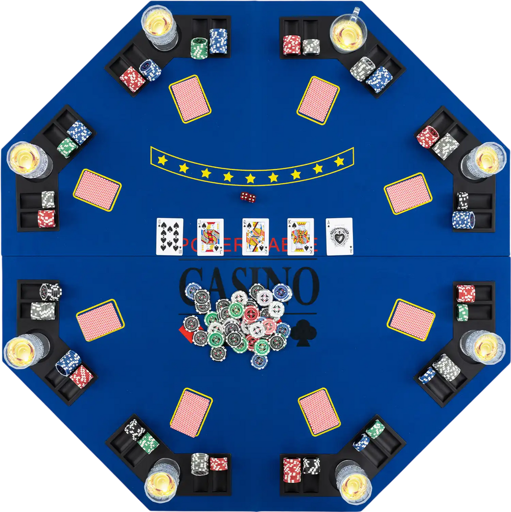 8-player foldable poker table top in blue with cup holders and card placement, perfect for game rooms and parties.