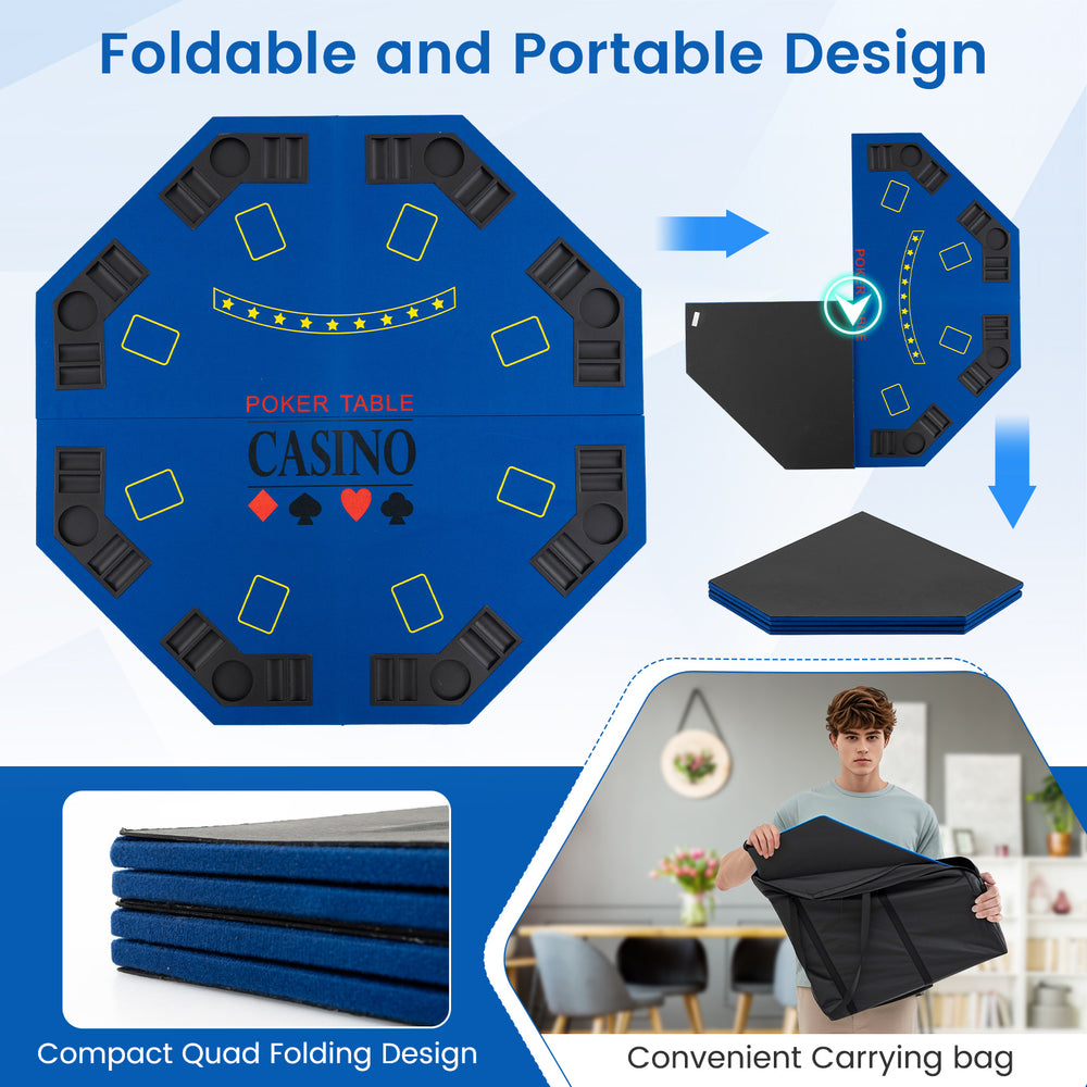 Blue 8-player foldable poker table top with cup holders and carrying bag, perfect for game rooms and outdoor events.