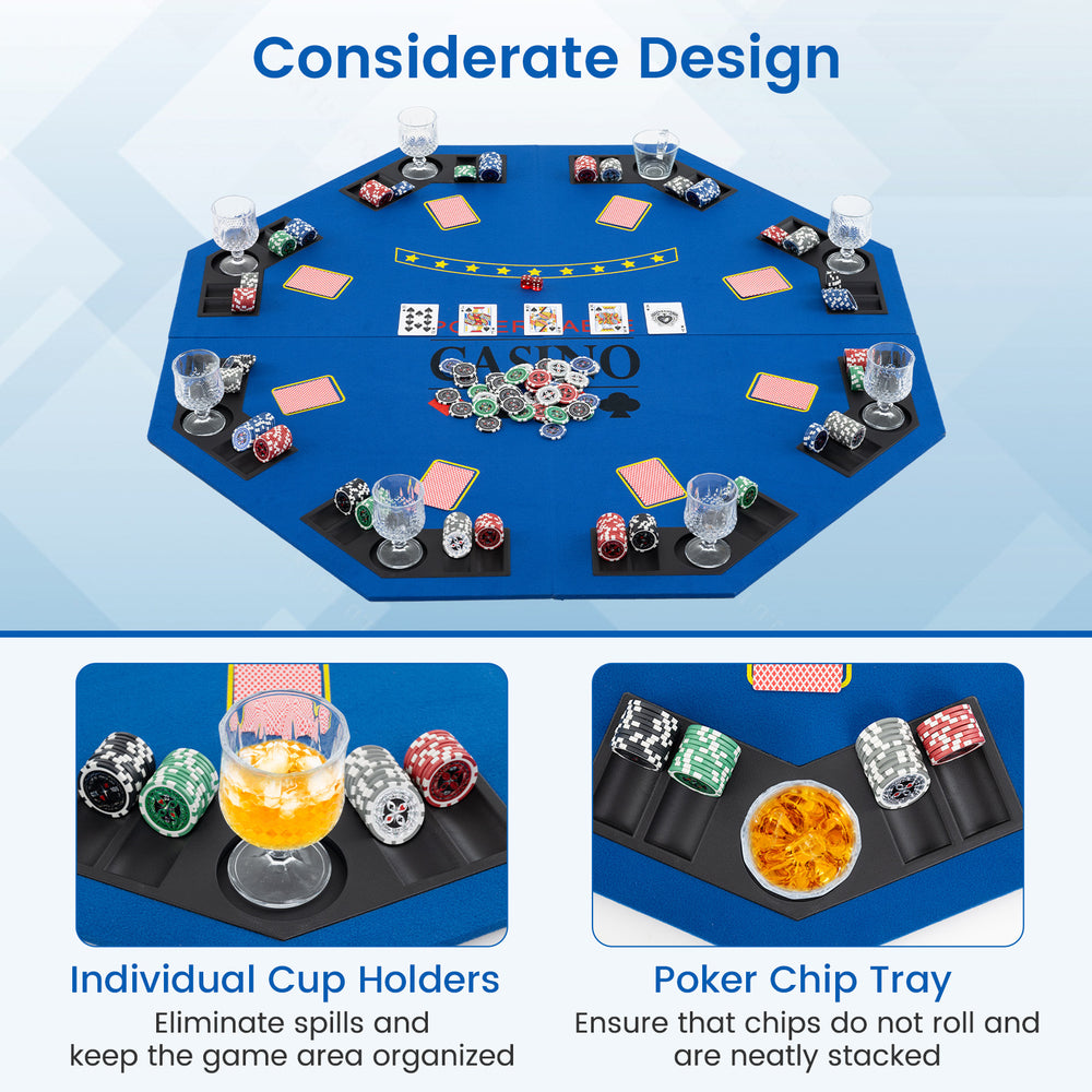 8-player foldable poker table top in blue with cup holders and chip trays, ideal for game rooms and parties.
