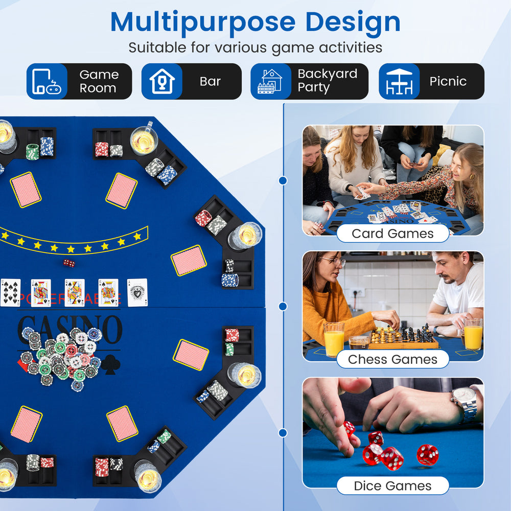 8-player foldable poker table top in blue with cup holders and chip trays, perfect for game rooms and outdoor parties.