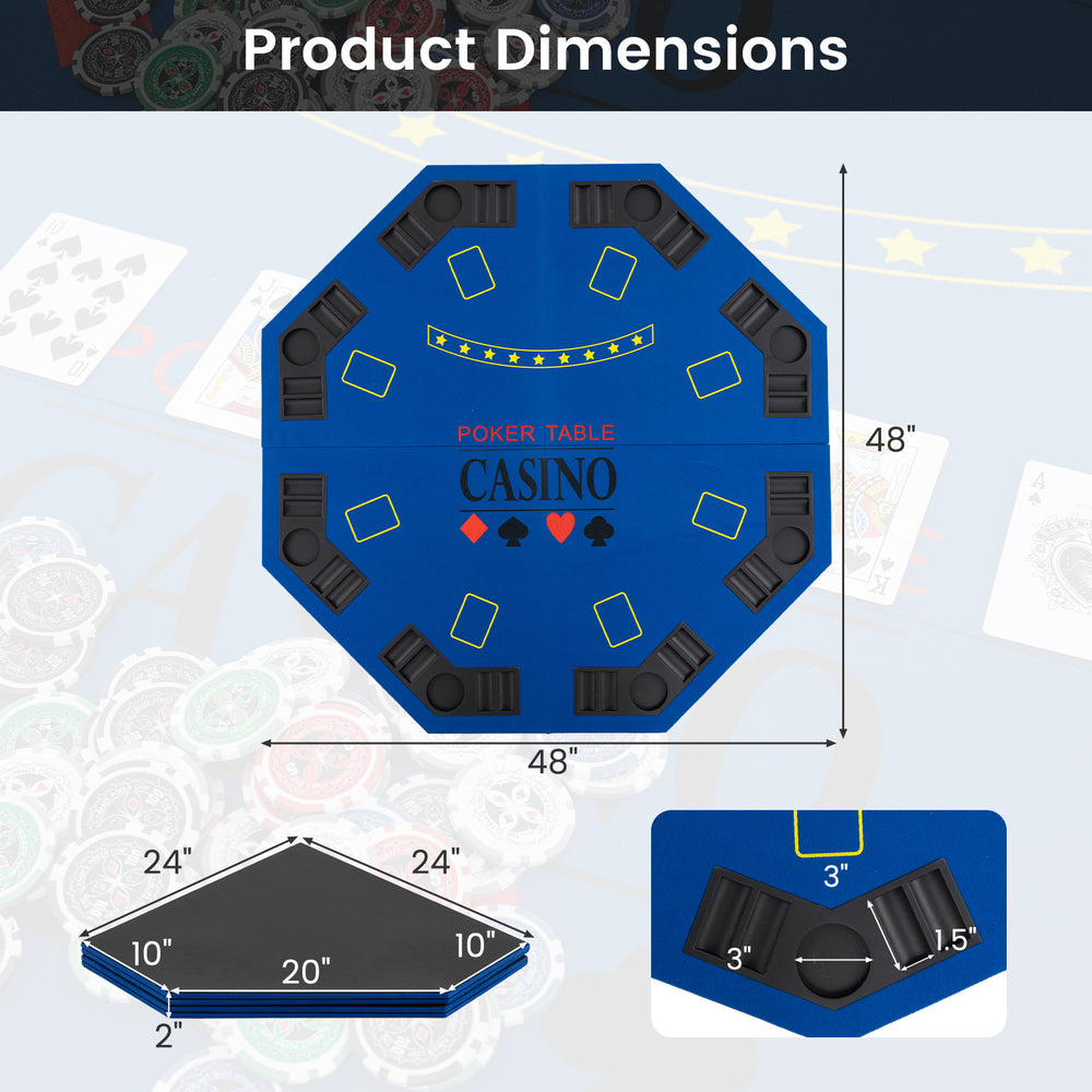 Octagonal blue poker table top with 8 cup holders and card placement areas, ideal for game rooms and parties.