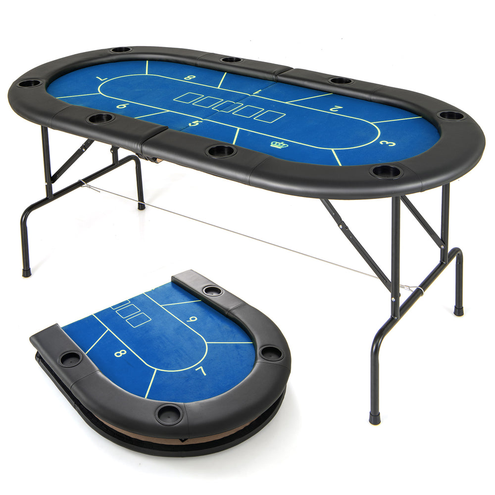 Foldable poker table in blue with a smooth felt surface, featuring 8 cup holders and a sturdy metal frame for stability.