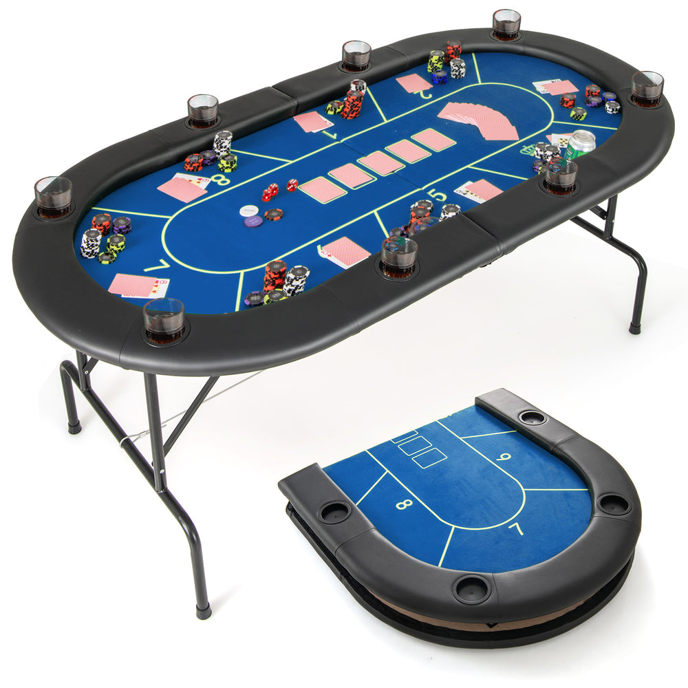 Foldable poker table with blue felt, 8 cup holders, and padded armrests for comfortable gameplay and easy storage.