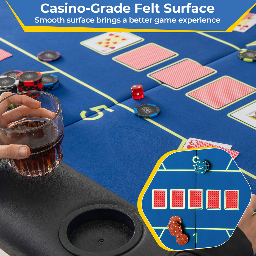 Foldable poker table with blue casino-grade felt surface, 8 cup holders, and padded armrests for comfortable gameplay.