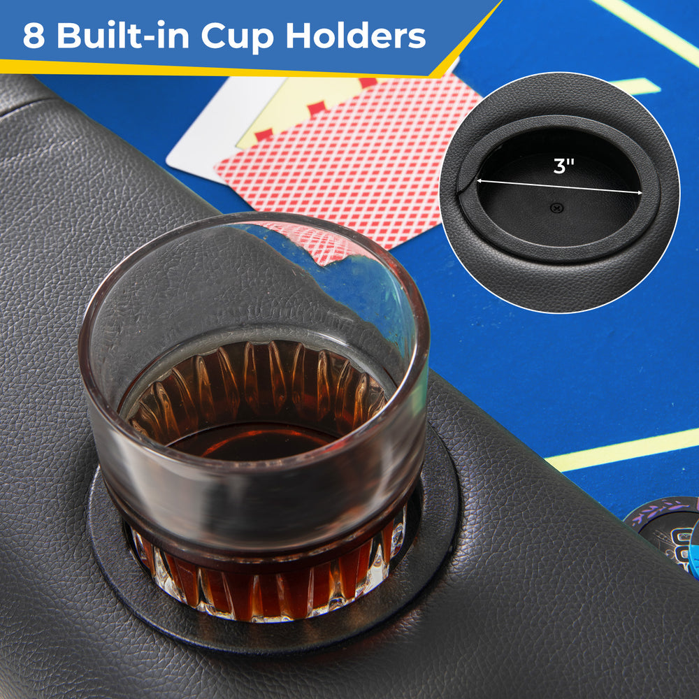 Foldable poker table featuring 8 cup holders, blue casino-grade felt, and padded armrests for comfortable gameplay.