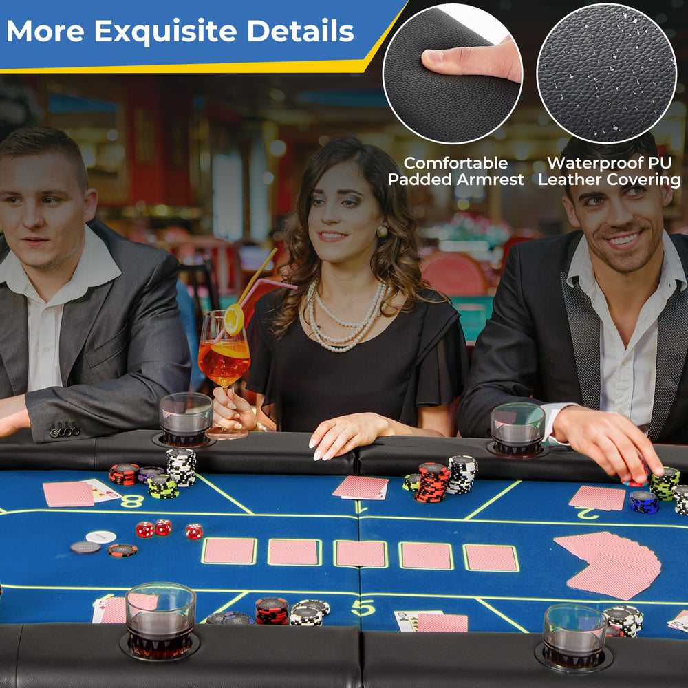 Foldable poker table with padded armrests, waterproof PU leather, and 8 cup holders for enhanced gameplay comfort.