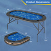 Foldable poker table measuring 72 x 36 x 30.5 inches with blue felt, 8 cup holders, and a robust metal frame for easy.
