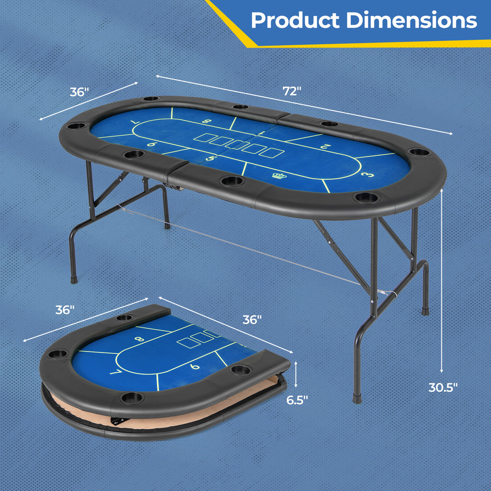 Foldable poker table measuring 72 x 36 x 30.5 inches with blue felt, 8 cup holders, and a robust metal frame for easy.