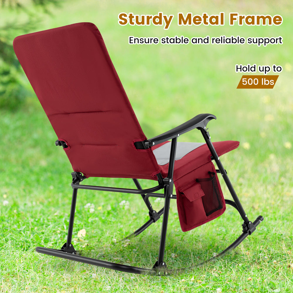 Red foldable rocking chair with padded backrest and armrest, featuring a sturdy steel frame for outdoor comfort.