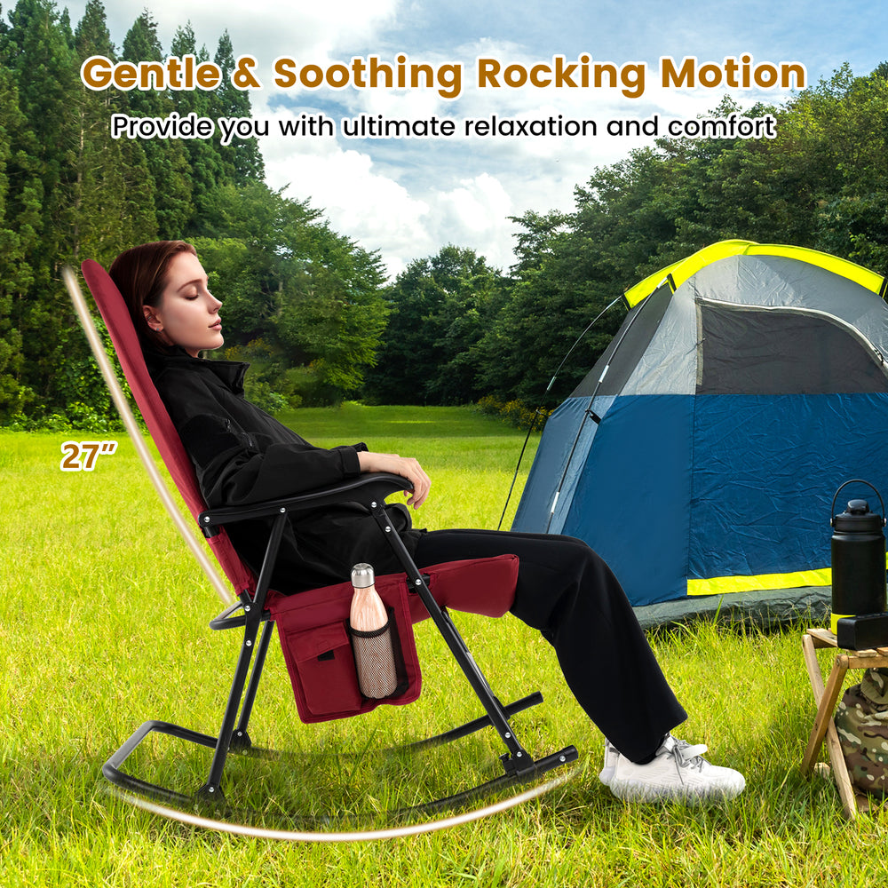 Foldable rocking padded camping chair in red with backrest and armrest, perfect for outdoor relaxation and comfort.