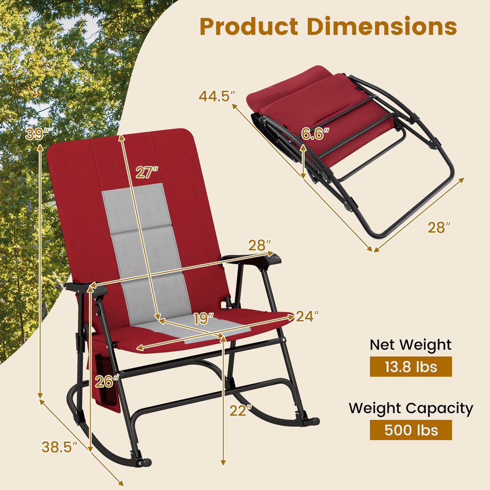 Foldable rocking chair with backrest and armrest, red oxford fabric, ergonomic design, ideal for outdoor and indoor use.