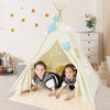 Foldable kids canvas teepee play tent with sturdy pine wood poles, spacious interior, and side pockets for toys.