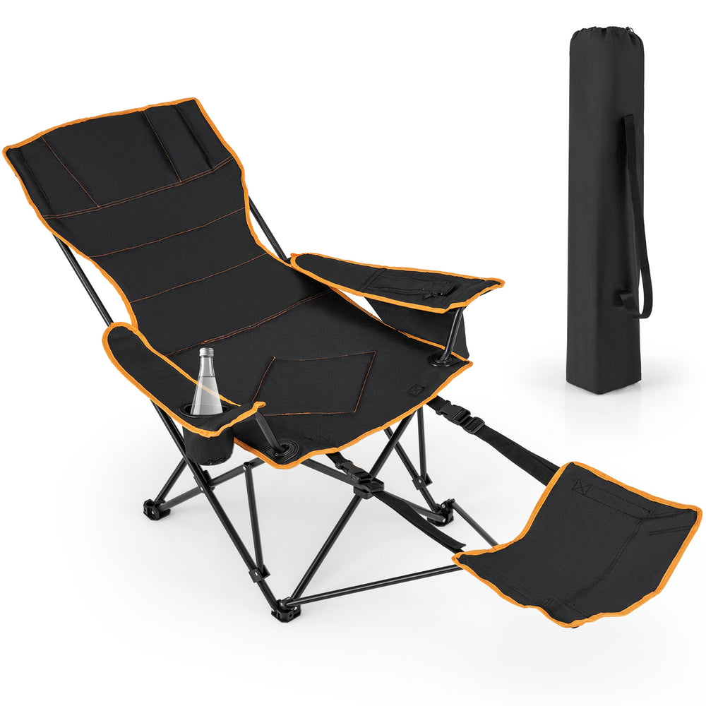 Folding camping chair with adjustable backrest, detachable footrest, and carrying bag, ideal for outdoor activities.