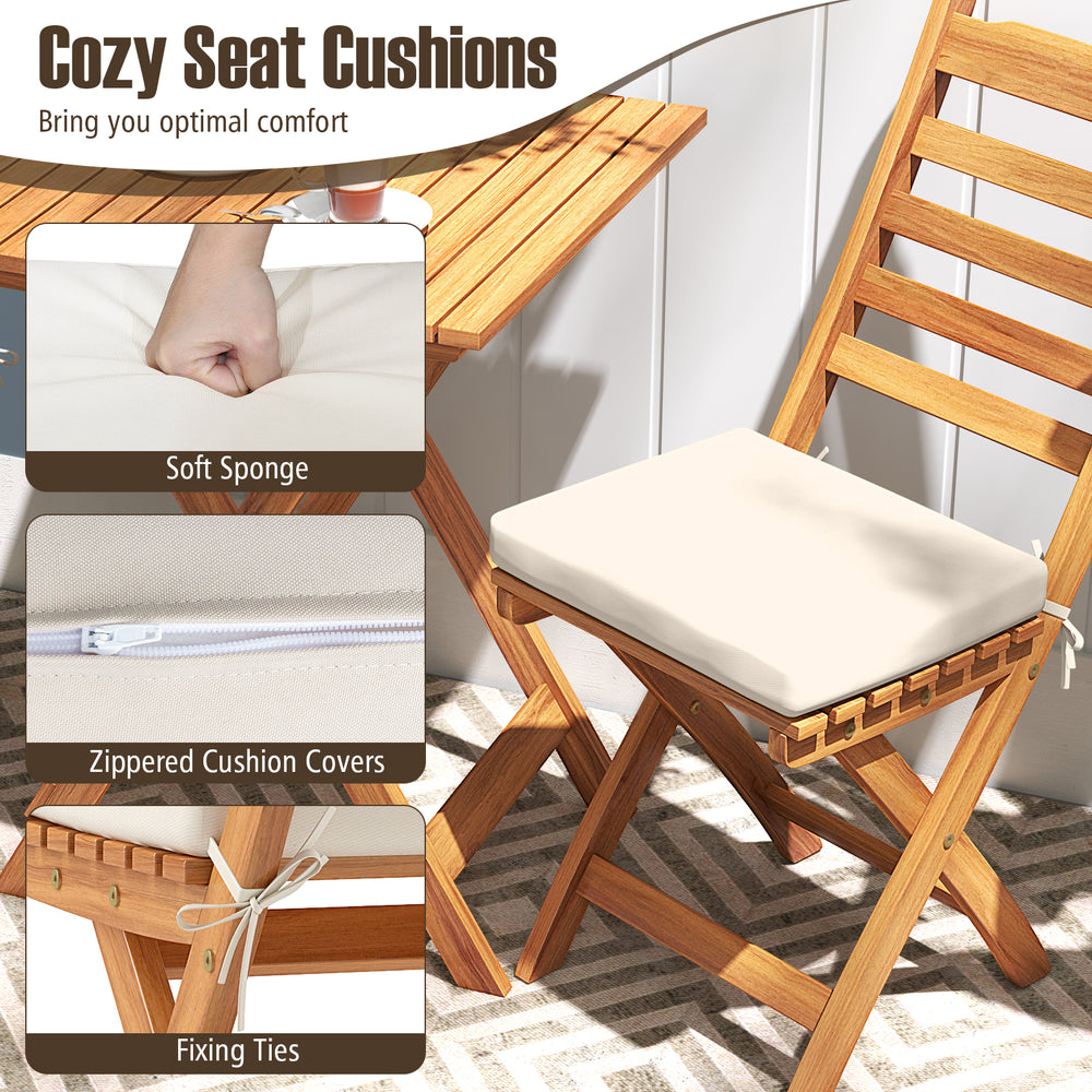 Soft seat cushion on a folding chair from the acacia wood table set, designed for backyard and poolside relaxation.