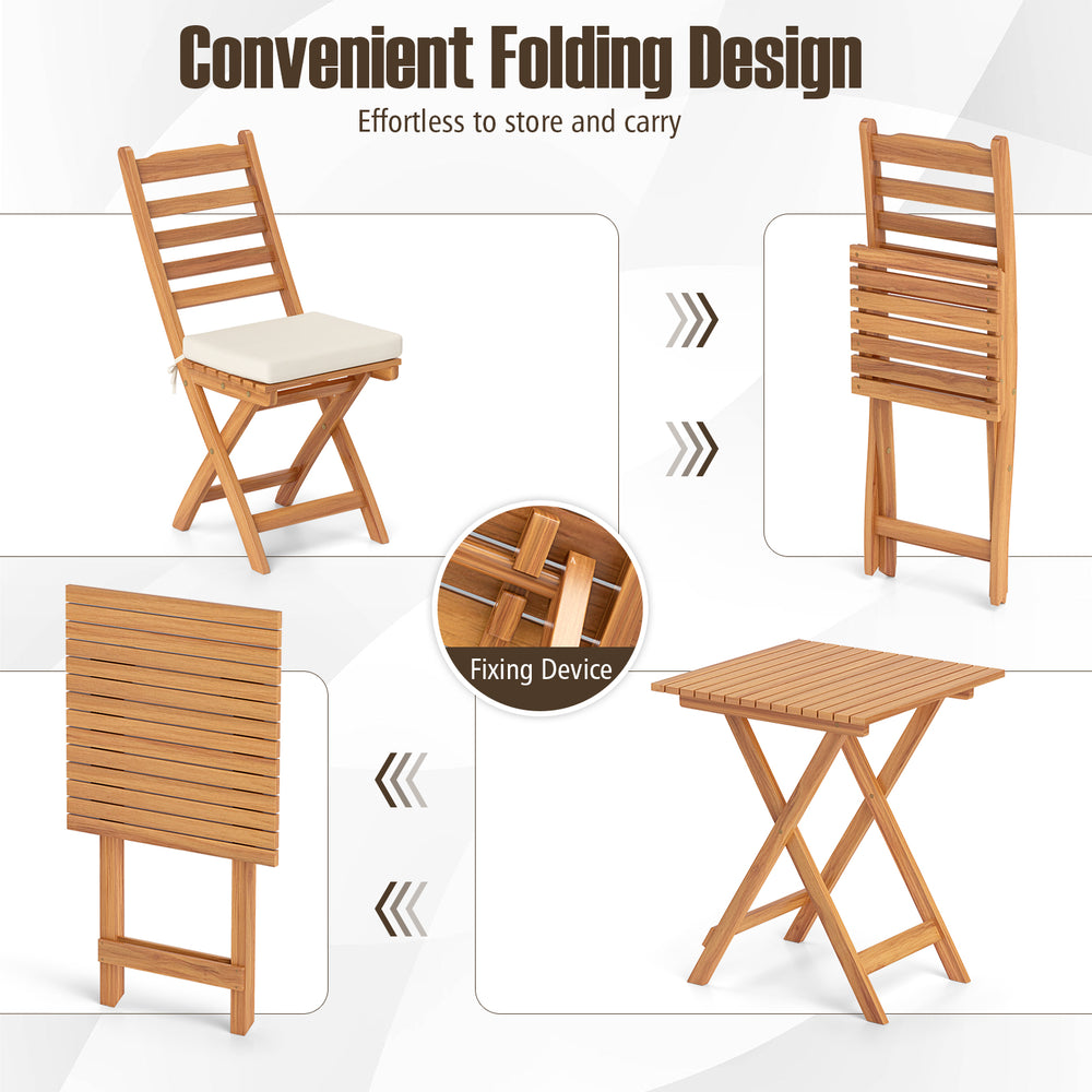 Folding chair and table set in natural acacia wood with soft cushions, ideal for backyard and poolside relaxation.