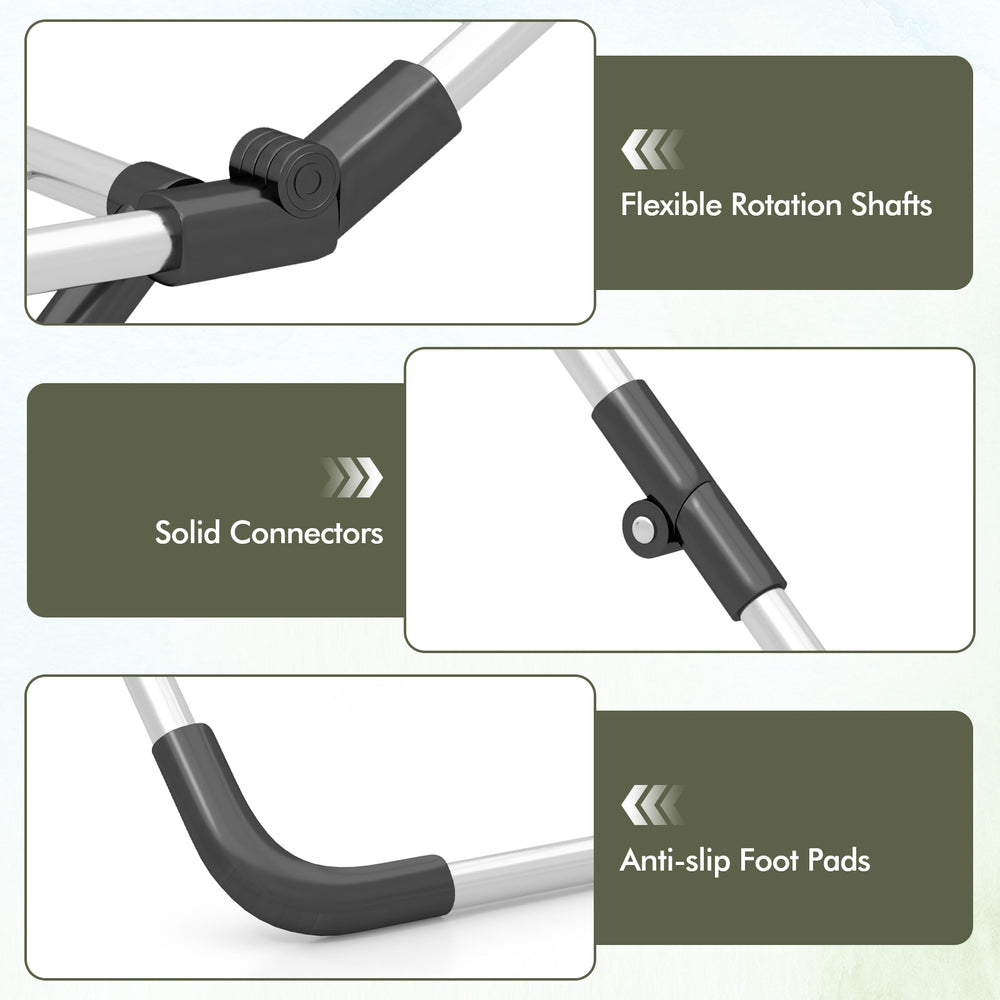 Close-up of the folding clothes drying rack's flexible rotation shafts and solid connectors for adjustable wings.