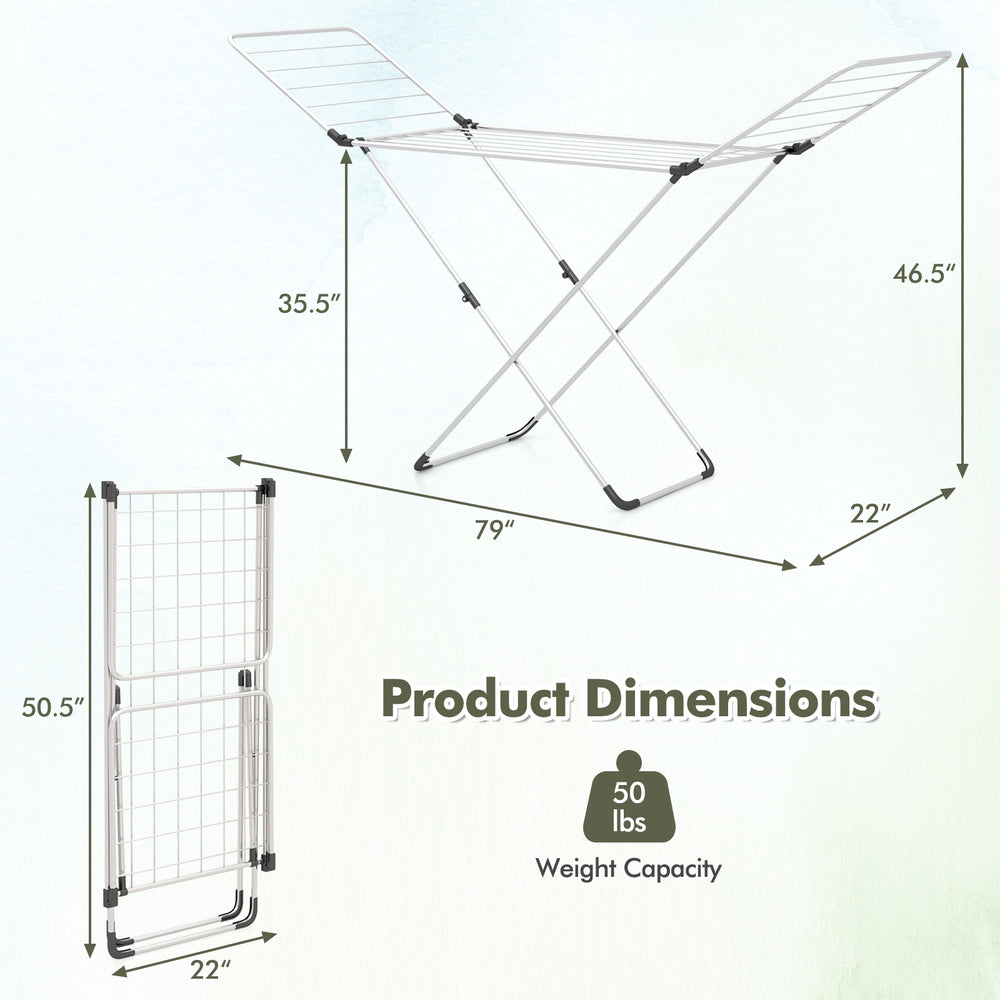 Folding clothes drying rack with adjustable wings, aluminum material, 50 lbs capacity, ideal for indoor and outdoor use.