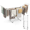 Folding clothes drying rack with adjustable wings, featuring non-slip foot pads for floor protection, suitable for.
