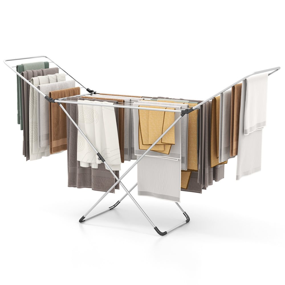 Folding clothes drying rack with adjustable wings, sturdy aluminum, ideal for indoor and outdoor use, holds various.