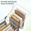 Folding clothes drying rack with adjustable wings, featuring scientific spacing for good ventilation, ideal for indoor.