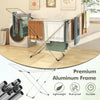 Folding clothes drying rack with adjustable wings, lightweight aluminum frame, ideal for indoor and outdoor use.