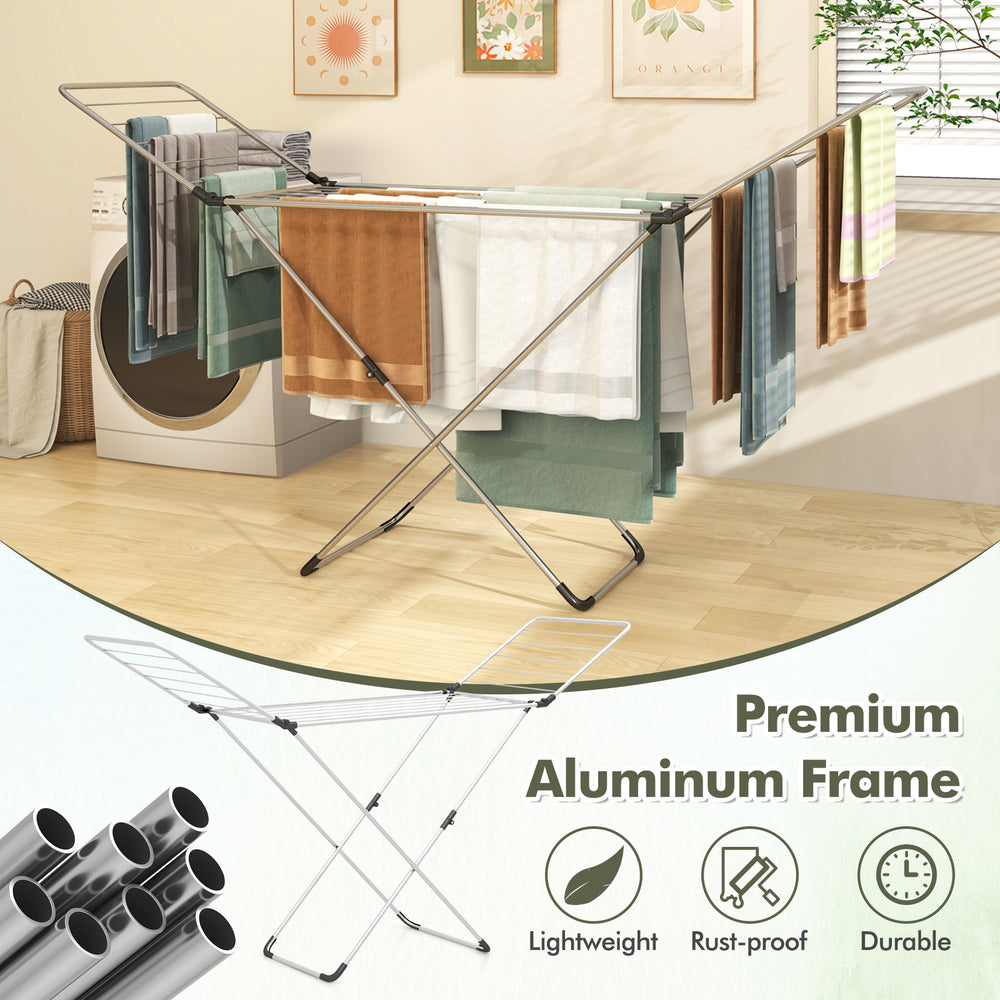 Folding clothes drying rack with adjustable wings, lightweight aluminum frame, ideal for indoor and outdoor use.