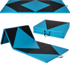 Four-panel black and turquoise folding exercise gym mat with handles, ideal for stretching and martial arts.